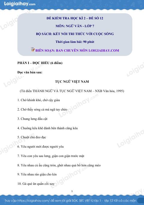 Đề thi học kì 2 Văn 7 Kết nối tri thức - Đề số 12